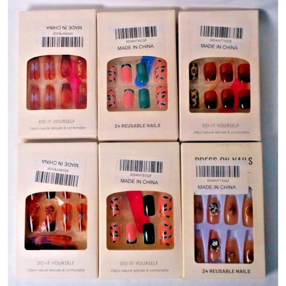 6 Sets Press On Nails Bundle Butterfly Floral Leopard French Tip Reusable 24pc